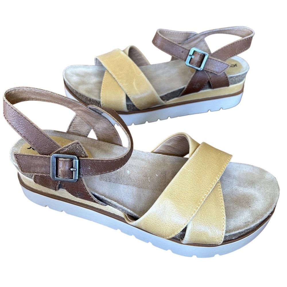Josef Seibel Clea Platform Sandals Brown Yellow Ankle Strap Women Wedge 39 8-8.5